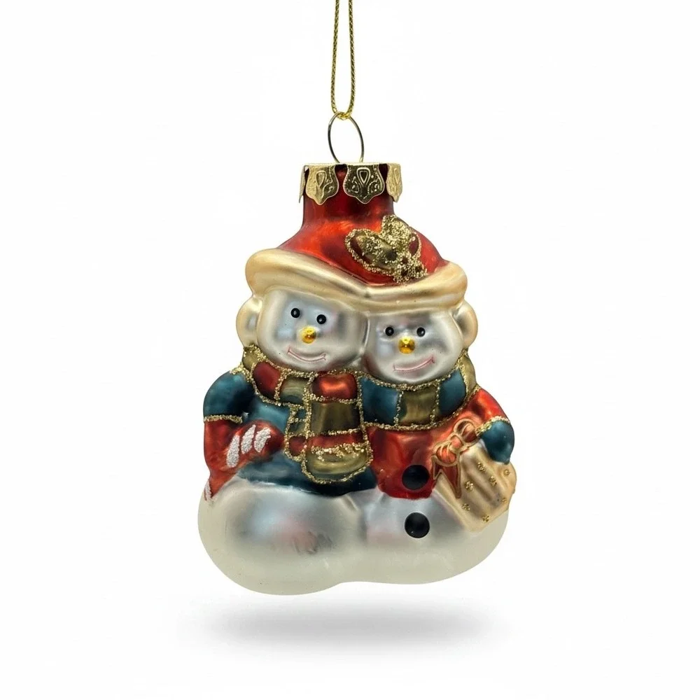 Vintage Blown Glass Snowman Couple Christmas Ornament Glitter Accents Holiday